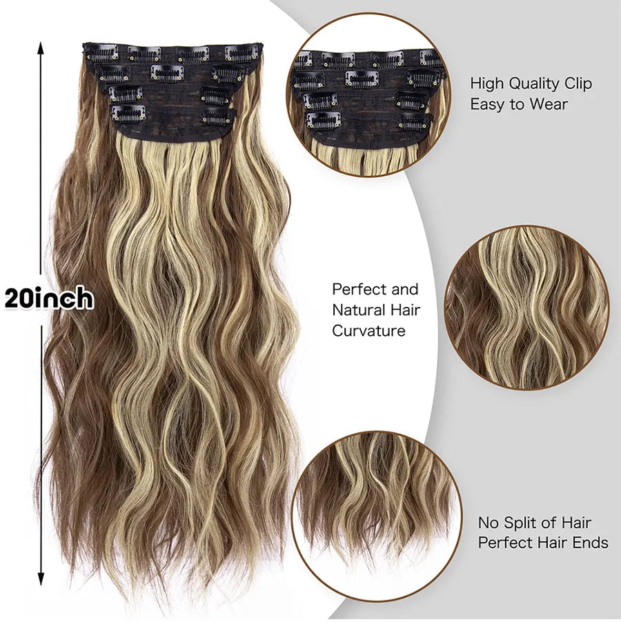 Long Wavy Clip In Hair Extensions Synthetic 4Pcs/Set For Women Heat resistant Black Brown Highlight Long Wavy Clip In Hair piece