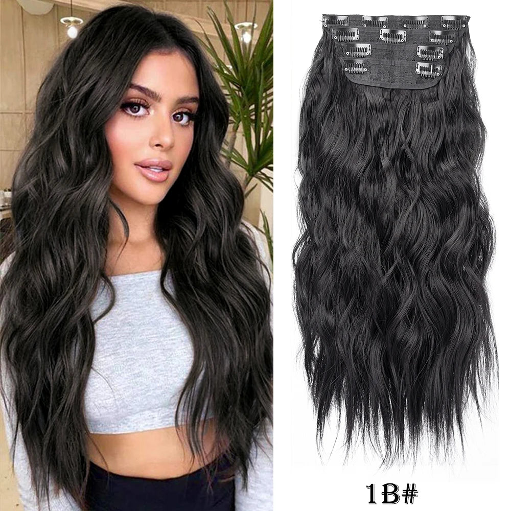 Long Wavy Clip In Hair Extensions Synthetic 4Pcs/Set For Women Heat resistant Black Brown Highlight Long Wavy Clip In Hair piece