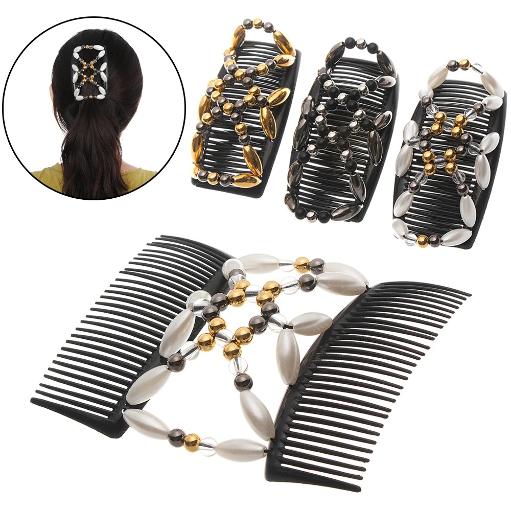 1PC Women Elastic Hairpin Stretch Double Magic Hair Comb Beaded Hair Clip Bun Maker DIY Styling Tool For Sell