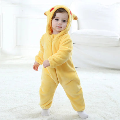 Cartoon Pikachu Baby Jumpsuit – Cozy Flannel One-Piece, Thickened Yellow Warm Clothes for Spring & Autumn