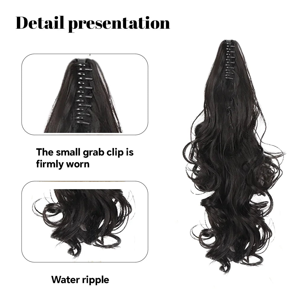 Short Wavy Synthetic Ponytail for Women Black Grey Ombre Claw Clip in Ponytail Hair Extensions Daily Use Party Fake Hairpieces