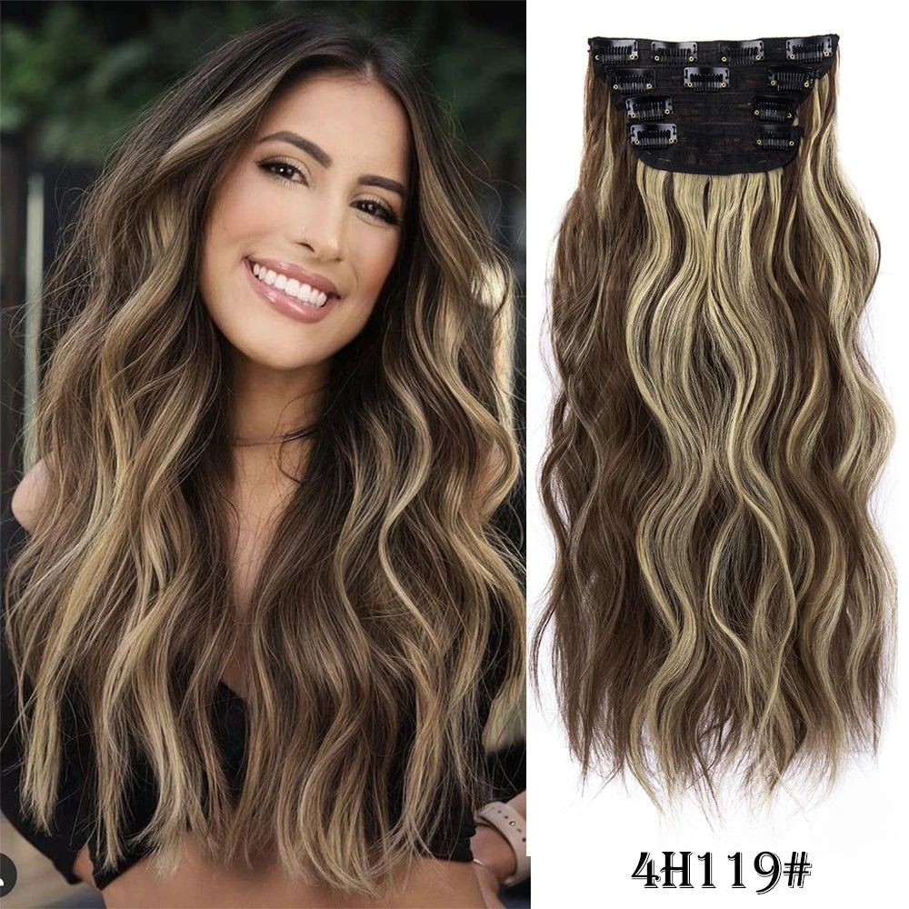 Long Wavy Clip In Hair Extensions Synthetic 4Pcs/Set For Women Heat resistant Black Brown Highlight Long Wavy Clip In Hair piece