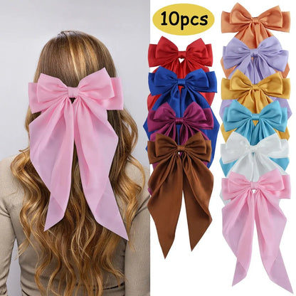 10PCS Elegant Bow Ribbon Hair Clip Women Fashion Simple Solid Satin Spring Clip Headband with Clips Girls Hair Accessories Gift