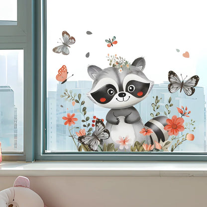 Cartoon Raccoon Electrostatic Wall Sticker Kids Room Glass Window Decoration Decals Cute Animals Home Decor Beautify Wallpaper