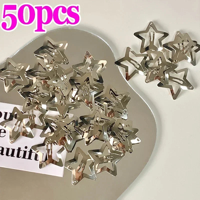 2/50Pcs Y2K Silver Star Hair Clips for Girls Filigree Star Metal Snap Clip Hairpins Barrettes Hair Jewelry Nickle Free Bobby Pin