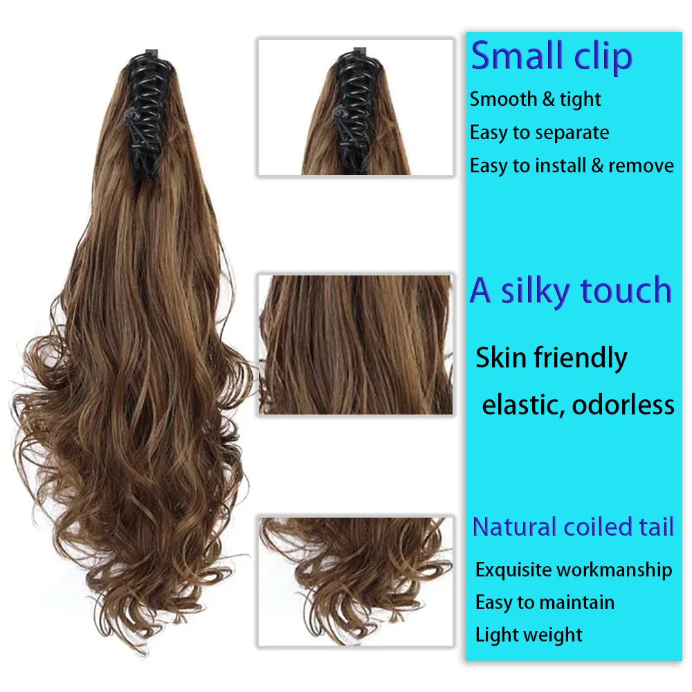 Short Wavy Synthetic Ponytail for Women Black Grey Ombre Claw Clip in Ponytail Hair Extensions Daily Use Party Fake Hairpieces