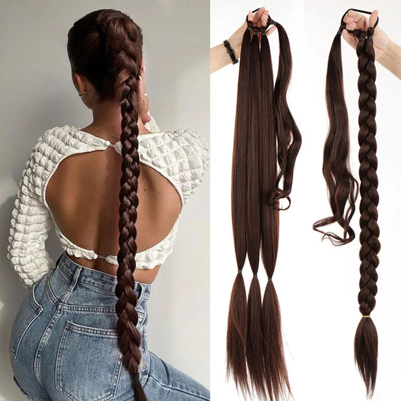 Synthetic Ponytail Long Straight Wig  Extensions Boxing Braids 32 Inch Black Blonde Brown Hairstyle hair extensions for women