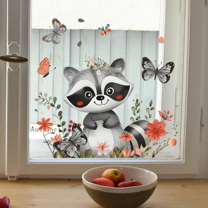 Cartoon Raccoon Electrostatic Wall Sticker Kids Room Glass Window Decoration Decals Cute Animals Home Decor Beautify Wallpaper