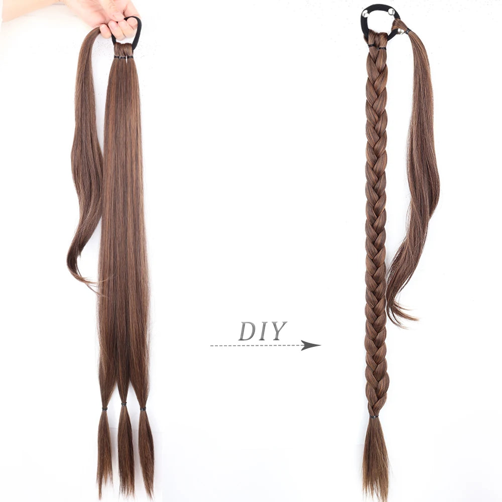 Long Ponytail Hair Extensions Braided Ponytail Synthetic 85cm With Rubber Band Natural Blonde Black For Women Hairpiece Braids