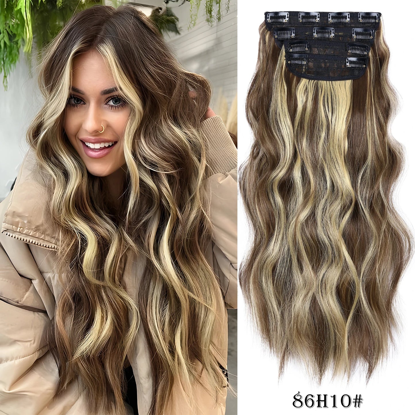 Long Wavy Clip In Hair Extensions Synthetic 4Pcs/Set For Women Heat resistant Black Brown Highlight Long Wavy Clip In Hair piece