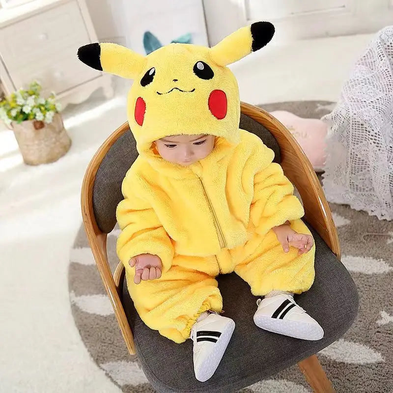 Cartoon Pikachu Baby Jumpsuit – Cozy Flannel One-Piece, Thickened Yellow Warm Clothes for Spring & Autumn