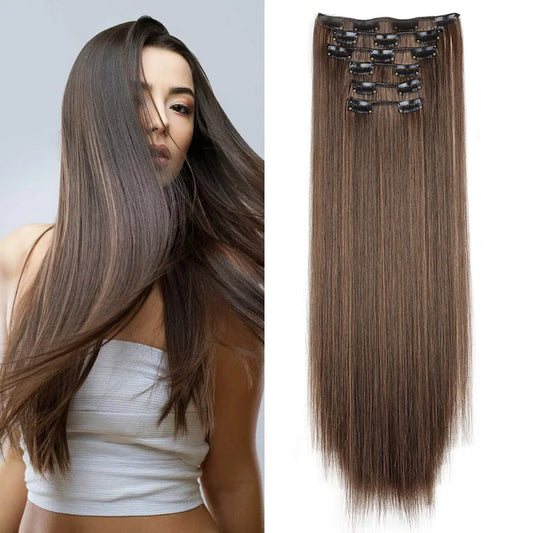 WIGSIN 6Pieces/Set Synthetic 24Inch Long Straight Hair Extension Silky Hairpiece for Women