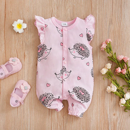 0-18 Months Baby Bodysuit – Cute Cartoon Hedgehog Print, Soft Cotton Sleeveless Summer Romper for Boys & Girls