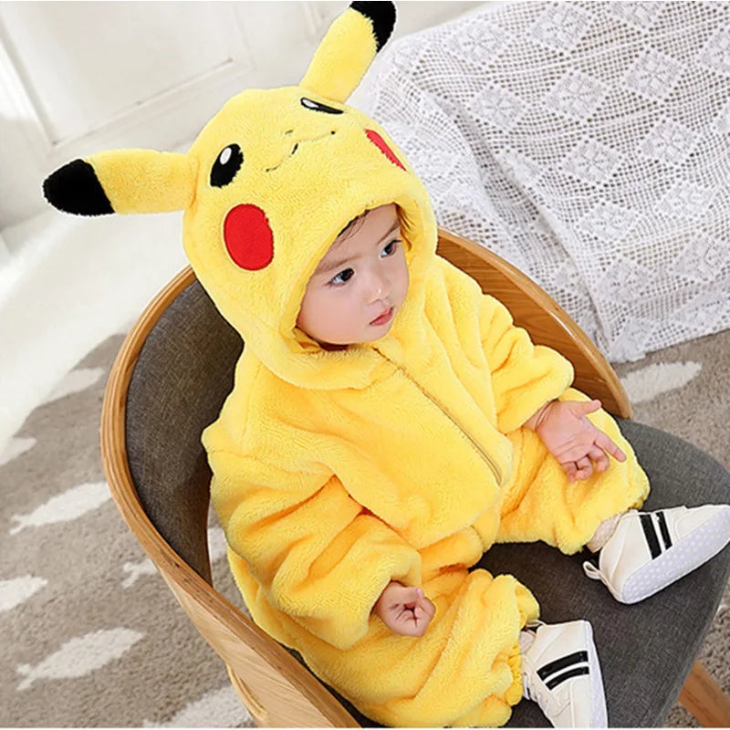 Cartoon Pikachu Baby Jumpsuit – Cozy Flannel One-Piece, Thickened Yellow Warm Clothes for Spring & Autumn