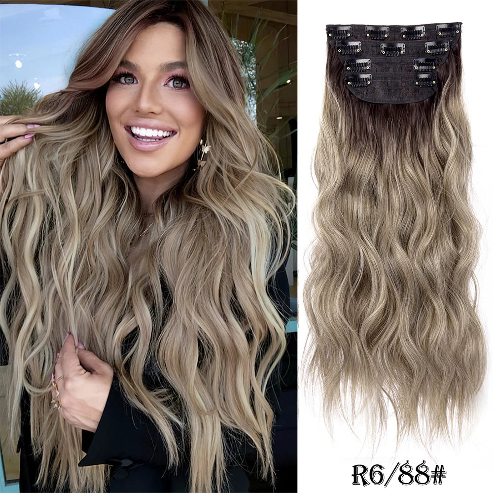 Long Wavy Clip In Hair Extensions Synthetic 4Pcs/Set For Women Heat resistant Black Brown Highlight Long Wavy Clip In Hair piece