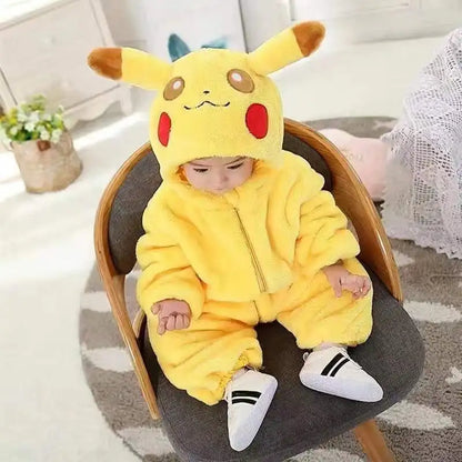 Cartoon Pikachu Baby Jumpsuit – Cozy Flannel One-Piece, Thickened Yellow Warm Clothes for Spring & Autumn