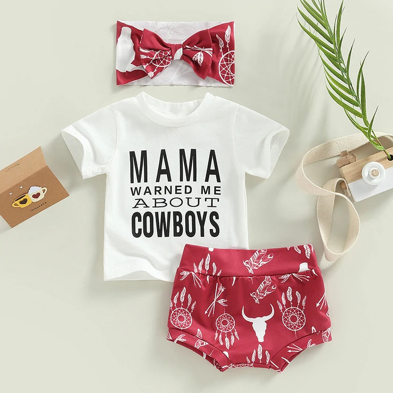 Infant Baby Girls Summer Outfit Set – Letter Print T-Shirt, Cow Head Shorts, and Headband, Cute 3-Piece Clothing Set