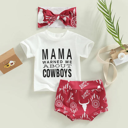 Infant Baby Girls Summer Outfit Set – Letter Print T-Shirt, Cow Head Shorts, and Headband, Cute 3-Piece Clothing Set