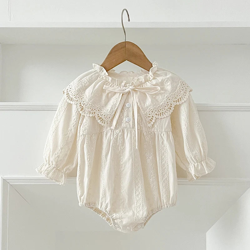 Newborn Baby Girl Romper – Lace Peter Pan Collar with Bow, Long Sleeve Floral Jumpsuit (0-2Y)