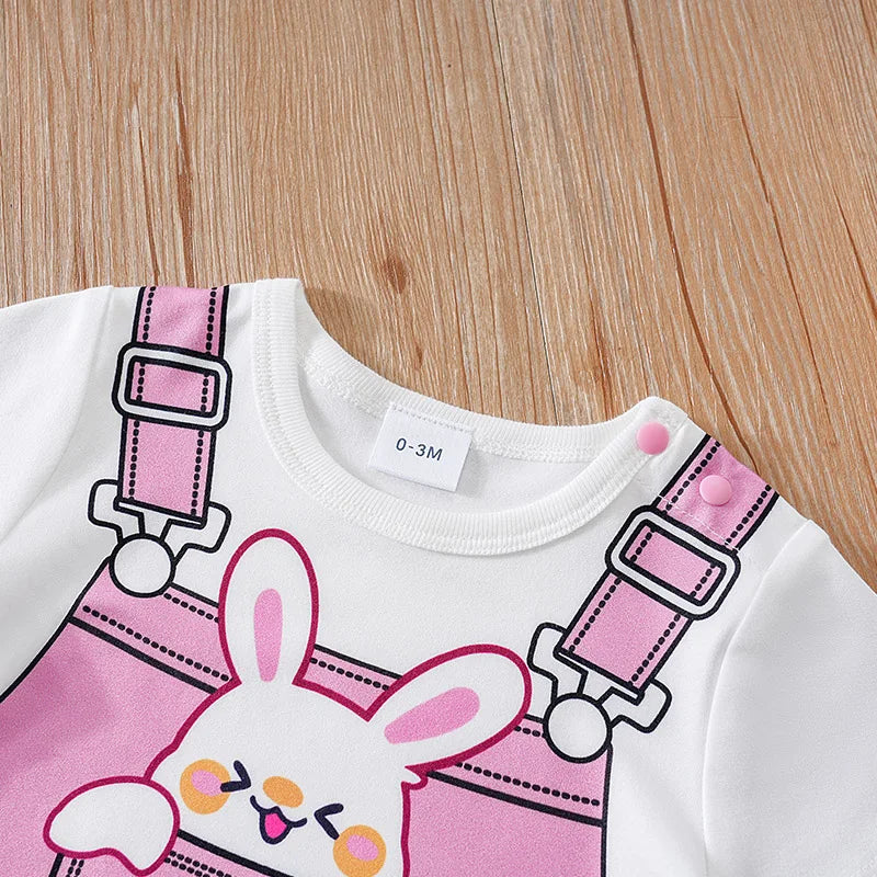 Cute Cartoon Rabbit Strap Baby Jumpsuit – Soft and Comfortable Summer Outfit for Boys & Girls, 0-1 Year – Round Neck, Short Sleeve