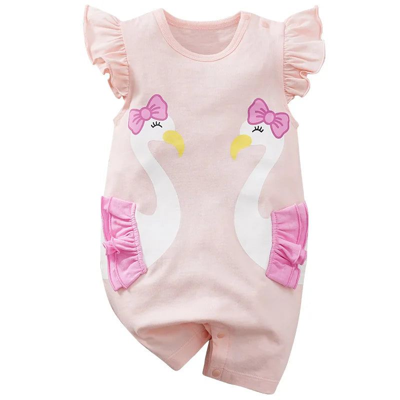 Summer Fashion Baby Girl Bodysuit – Cute Cartoon Swan Print Sleeveless Romper – Comfortable Cotton & Polyester Baby Clothes for 0-36 Months