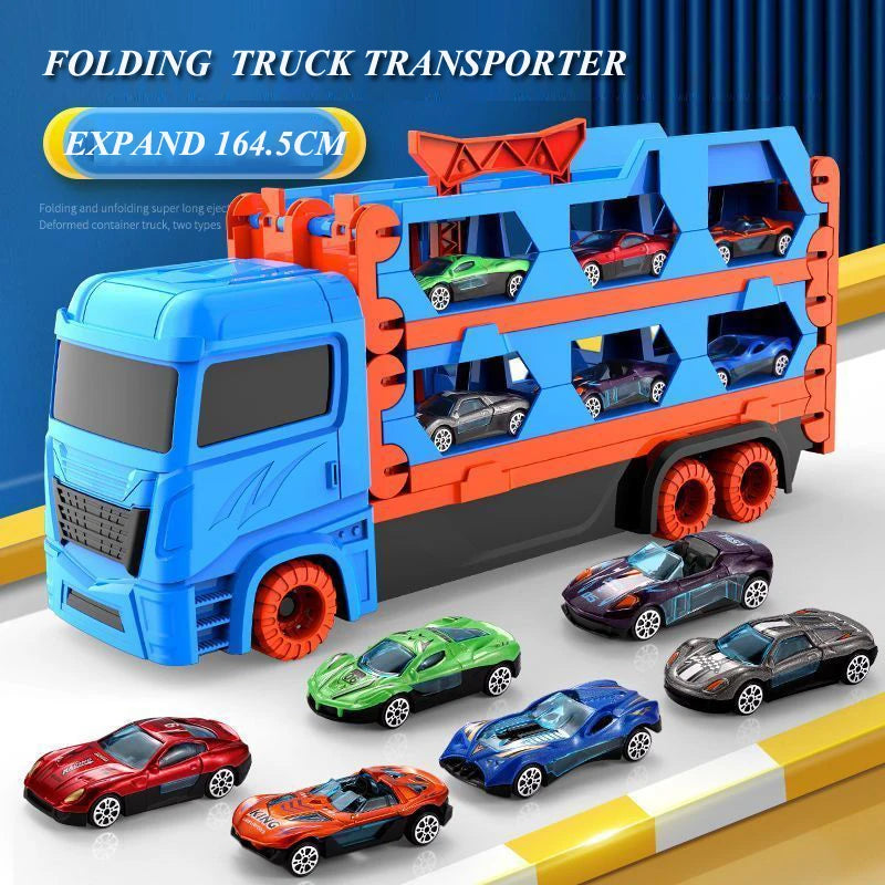 Large Car Transporter Truck with Folding Track – Diecast Racing Vehicle for Kids – Competitive Game Toy with Storage – Perfect Gift for Boys