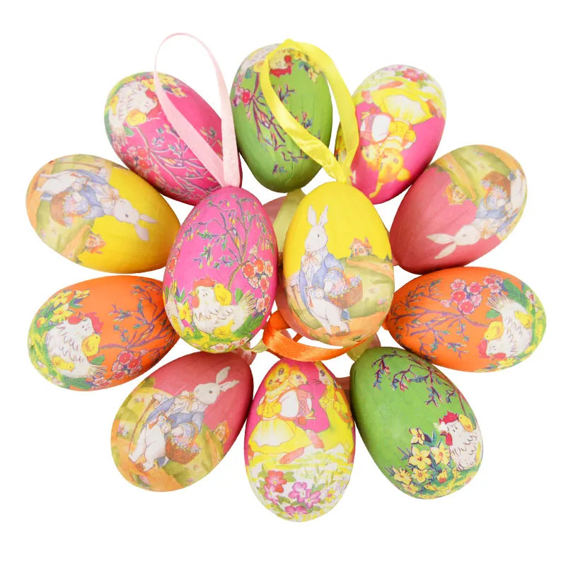 12pcs Foam Easter Eggs Happy Easter Party Decorations for Home Colorful Bunny Bird Egg Hanging Ornament DIY Craft Kids Gifts Toy