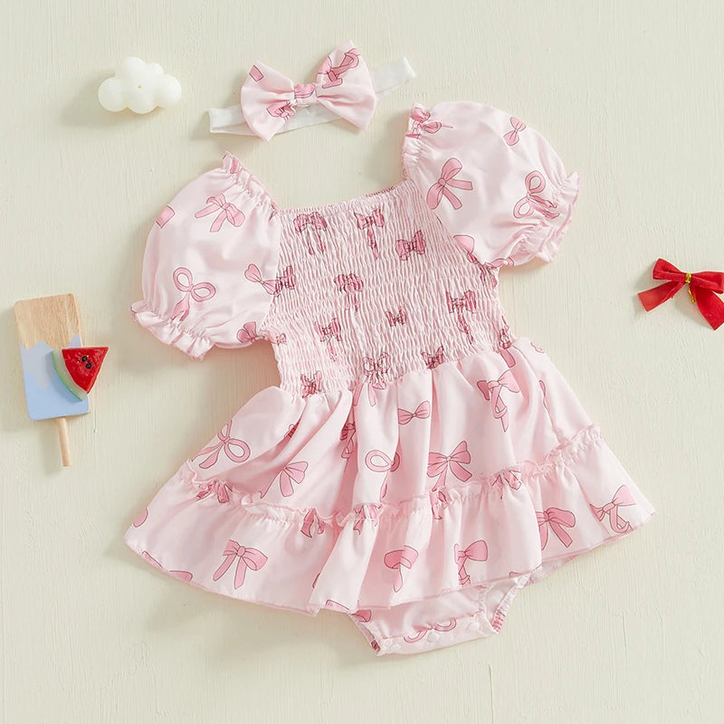 Baby Girl Bubble Romper Dress - Short Sleeve Smocked Bow Print Outfit for Newborns & Infants