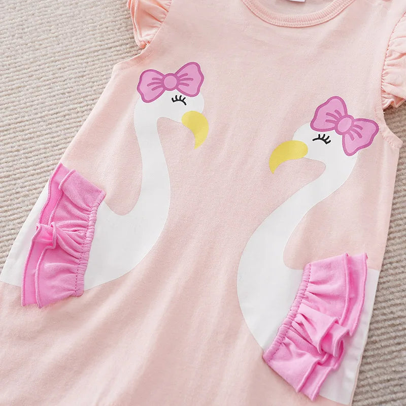 Summer Fashion Baby Girl Bodysuit – Cute Cartoon Swan Print Sleeveless Romper – Comfortable Cotton & Polyester Baby Clothes for 0-36 Months