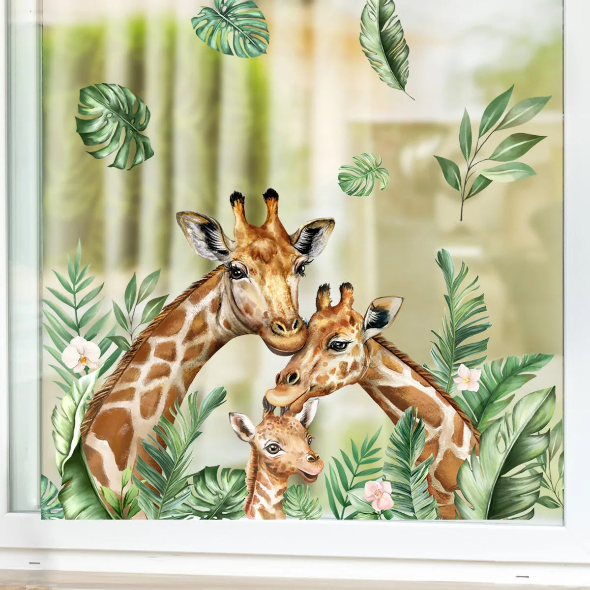 Cute Giraffe Family Green Leaves Wall Stickers Kids Baby Room Decor Wallpaper Living Room Bedroom Wall Decor Animals Wall Decals