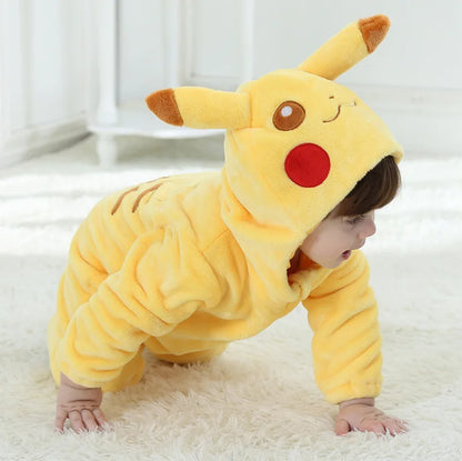 Cartoon Pikachu Baby Jumpsuit – Cozy Flannel One-Piece, Thickened Yellow Warm Clothes for Spring & Autumn