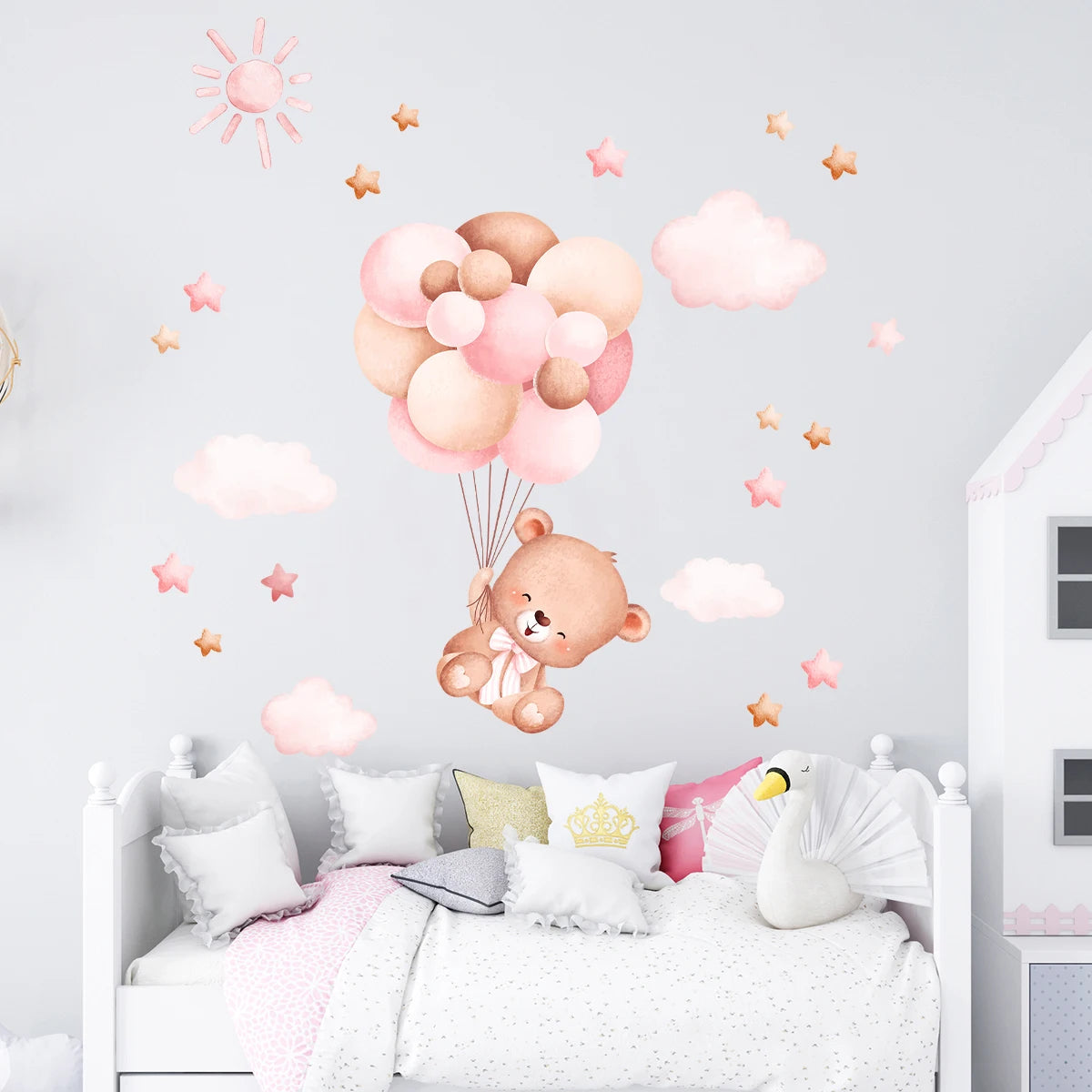 1Pc Cartoon Cute Balloon Bear Wall Sticker for Kids Room Baby Home Decoration Decor Star Bedroom Girls Wall Decals Living Room