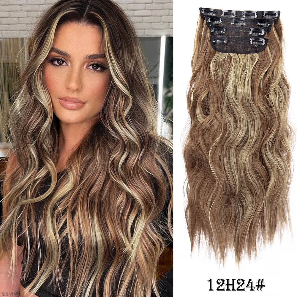 Long Wavy Clip In Hair Extensions Synthetic 4Pcs/Set For Women Heat resistant Black Brown Highlight Long Wavy Clip In Hair piece