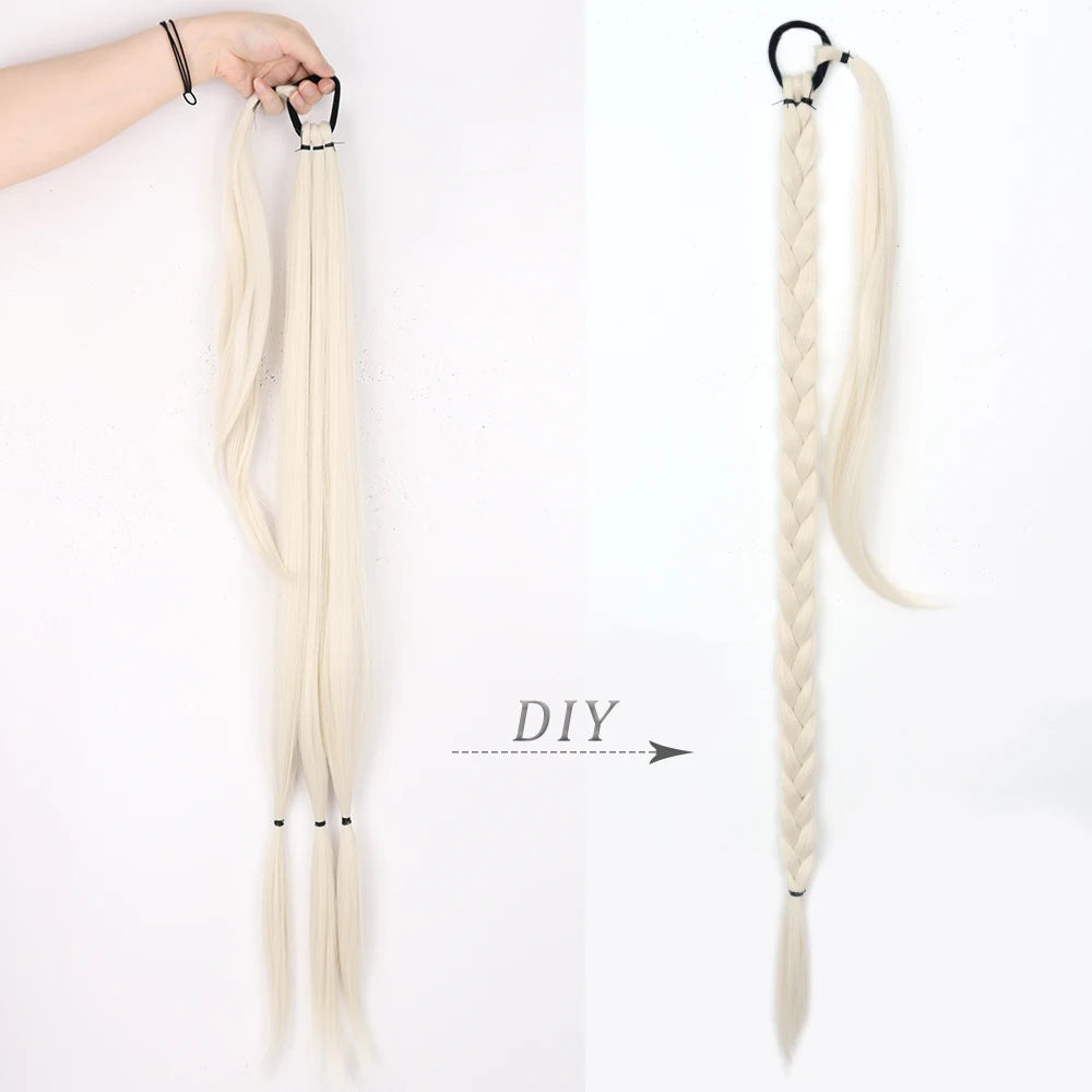 Long Ponytail Hair Extensions Braided Ponytail Synthetic 85cm With Rubber Band Natural Blonde Black For Women Hairpiece Braids