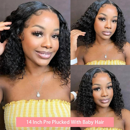 200 Density Short Curly Bob Deep Water Wave Wigs 100% Human Hair 13x4 Transparent Lace Frontal Wig 4x4 Lace Front Wig 12 14 Inch