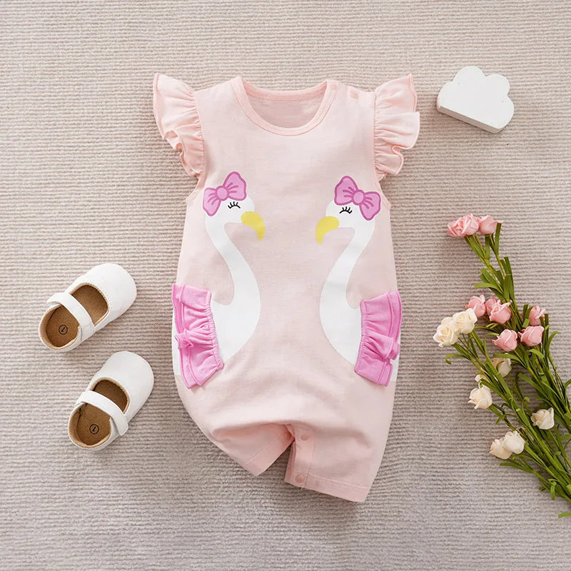 Summer Fashion Baby Girl Bodysuit – Cute Cartoon Swan Print Sleeveless Romper – Comfortable Cotton & Polyester Baby Clothes for 0-36 Months