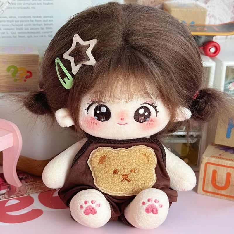 20cm Kawaii Idol Doll Plush – Stuffed Star Doll in Bear Overalls, Soft Cotton Plush Toy for Kids (Unisex)