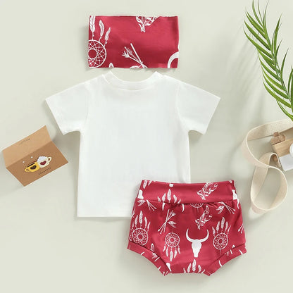 Infant Baby Girls Summer Outfit Set – Letter Print T-Shirt, Cow Head Shorts, and Headband, Cute 3-Piece Clothing Set