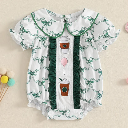 Newborn Baby Girl Romper Outfit – Bow Embroidery, Smocked Bubble Romper with Peter Pan Collar (0-1Y)