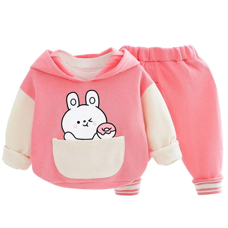 Baby Boys & Girls 2-Piece Cartoon T-Shirt & Pants Set – Cute Hooded Toddler Outfits for Spring & Autumn