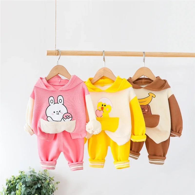 Baby Boys & Girls 2-Piece Cartoon T-Shirt & Pants Set – Cute Hooded Toddler Outfits for Spring & Autumn