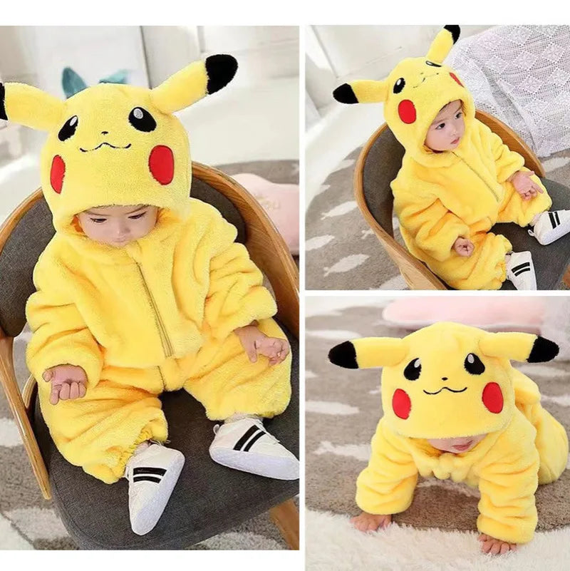 Cartoon Pikachu Baby Jumpsuit – Cozy Flannel One-Piece, Thickened Yellow Warm Clothes for Spring & Autumn