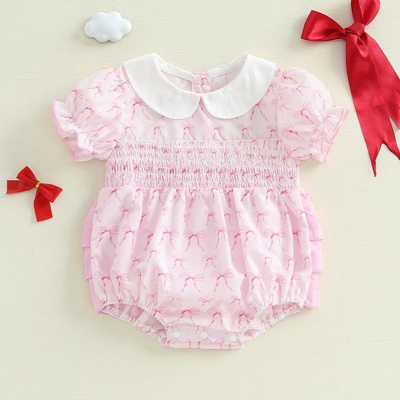 Newborn Baby Girl Romper Outfit – Bow Embroidery, Smocked Bubble Romper with Peter Pan Collar (0-1Y)