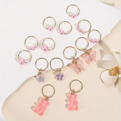 14pcs Cute Butterfly Bear Hair Braid Rings for Girls - Pearl Shaped Bead Clips - Essential Party Dress Accessories-Perfect Gift