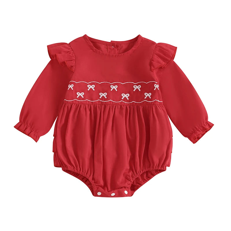 Baby Girl Christmas Outfit - Santa Claus Plaid Romper with Long Sleeves & Embroidery