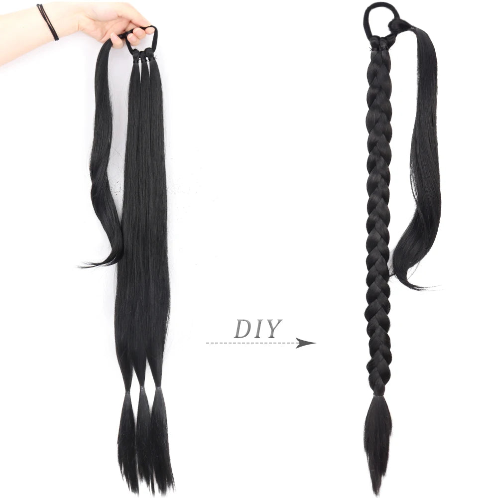 Long Ponytail Hair Extensions Braided Ponytail Synthetic 85cm With Rubber Band Natural Blonde Black For Women Hairpiece Braids