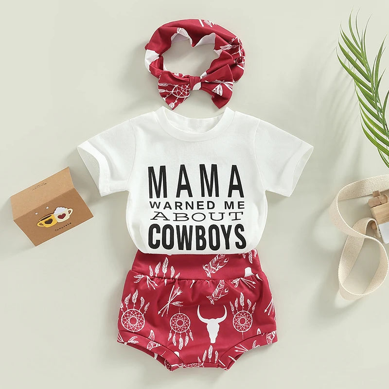 Infant Baby Girls Summer Outfit Set – Letter Print T-Shirt, Cow Head Shorts, and Headband, Cute 3-Piece Clothing Set