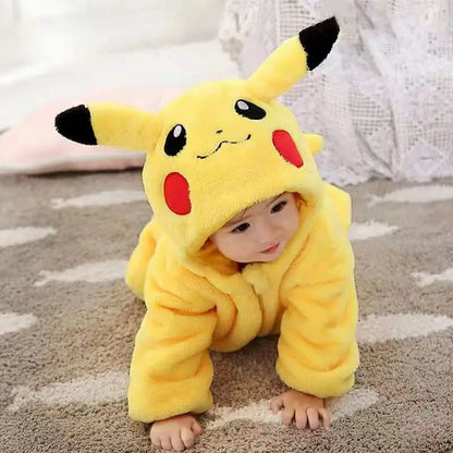 Cartoon Pikachu Baby Jumpsuit – Cozy Flannel One-Piece, Thickened Yellow Warm Clothes for Spring & Autumn