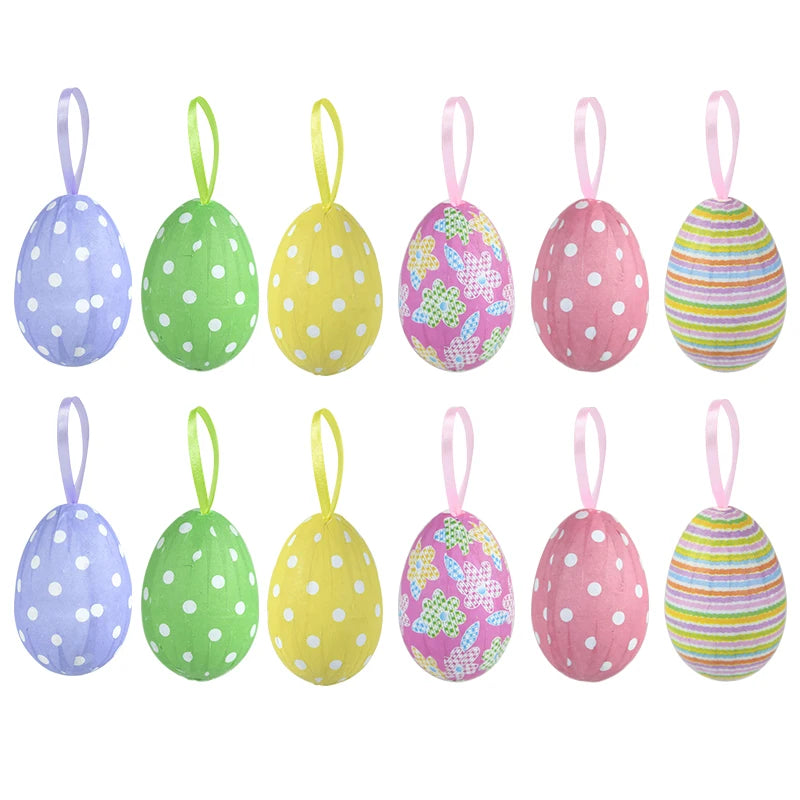 12Pcs Colorful Easter Eggs Hanging Pendant Ornament Rabbit Painting Egg Decor Happy Easter Party Decoration Home Kids Gifts 2025