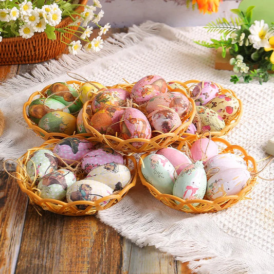 6pcs Plastic Bunny Painted Easter Eggs Pendant Hanging Easter Tree Basket Colorful Eggs Ornament Easter Party Kids Gift decor